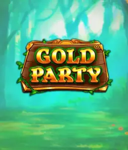 Enter the magical forest of the Gold Party game by Pragmatic Play, highlighting a rustically styled wooden sign engraved with golden letters. The setting is a green forest adding a touch of enchantment to the game's theme. Ideal for fans of nature-themed slots, providing a captivating adventure. 