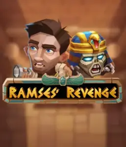 Uncover the thrilling world of Ramses' Revenge slot by Relax Gaming, showcasing a frightened explorer and a fierce mummy amid an Egyptian tomb backdrop. This graphic portrays the drama of ancient Egyptian myths, great for fans of Egyptian-themed slots, offering a captivating adventure. 